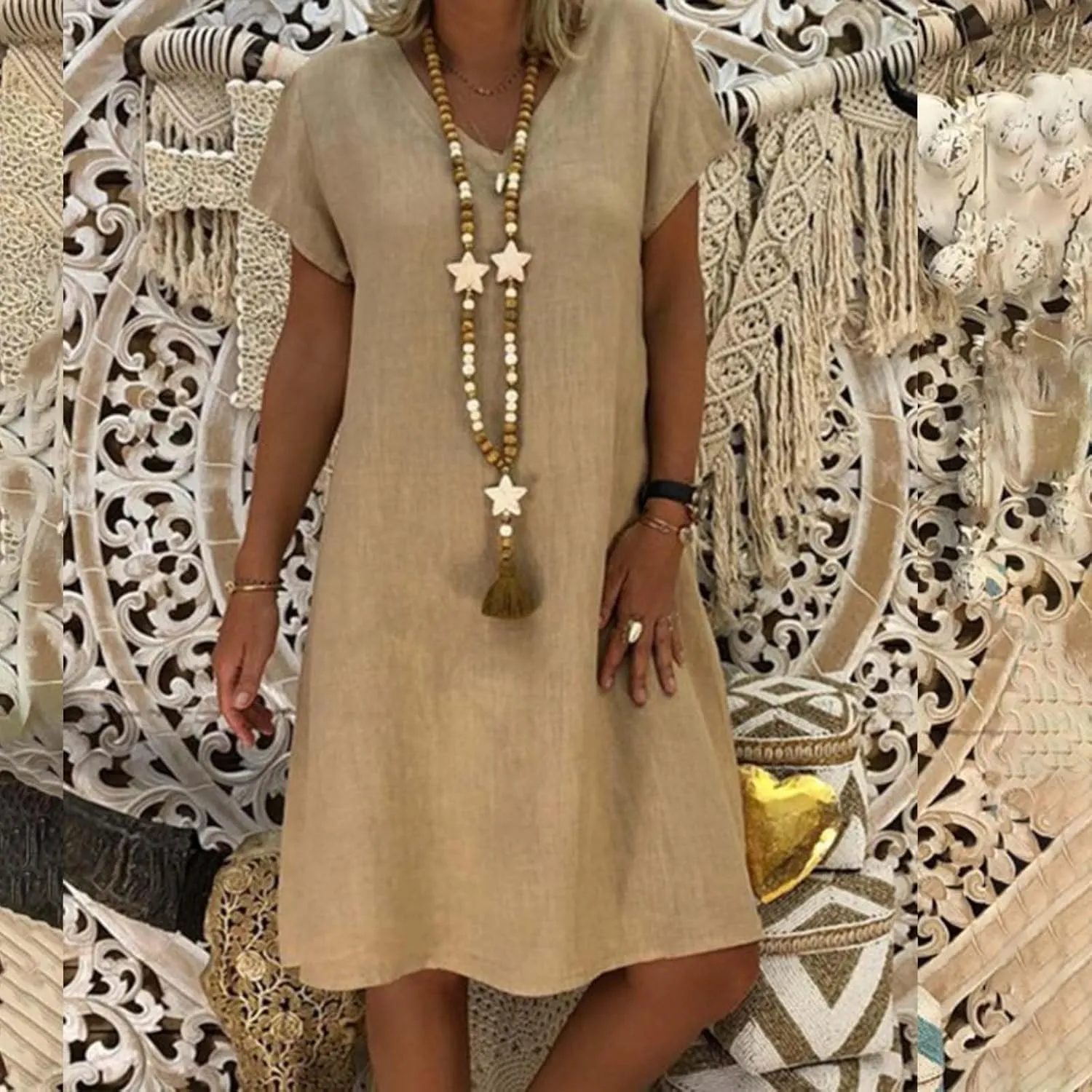 Womens Slim Dresses 2025 Ladies Summer Solid Cotton Linen Short Sleeve V-Neck Plus Size Mid-Calf Dress