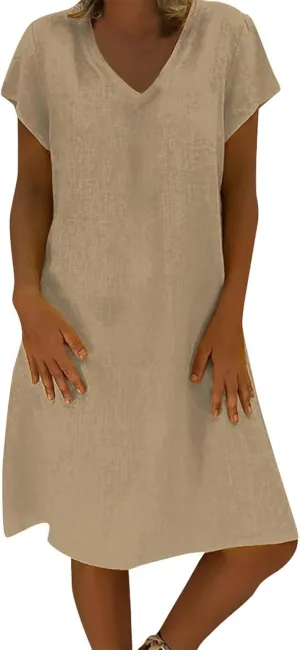 Womens Slim Dresses 2025 Ladies Summer Solid Cotton Linen Short Sleeve V-Neck Plus Size Mid-Calf Dress