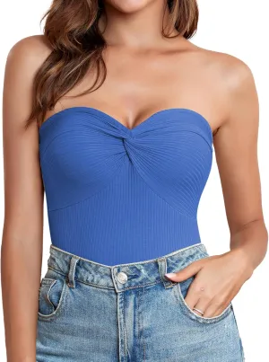 Womens Strapless Crop Top Twist Knot Front Bandeau Ribbed cuted Y2K Strapless Tank Summer Vacation Tops Corset