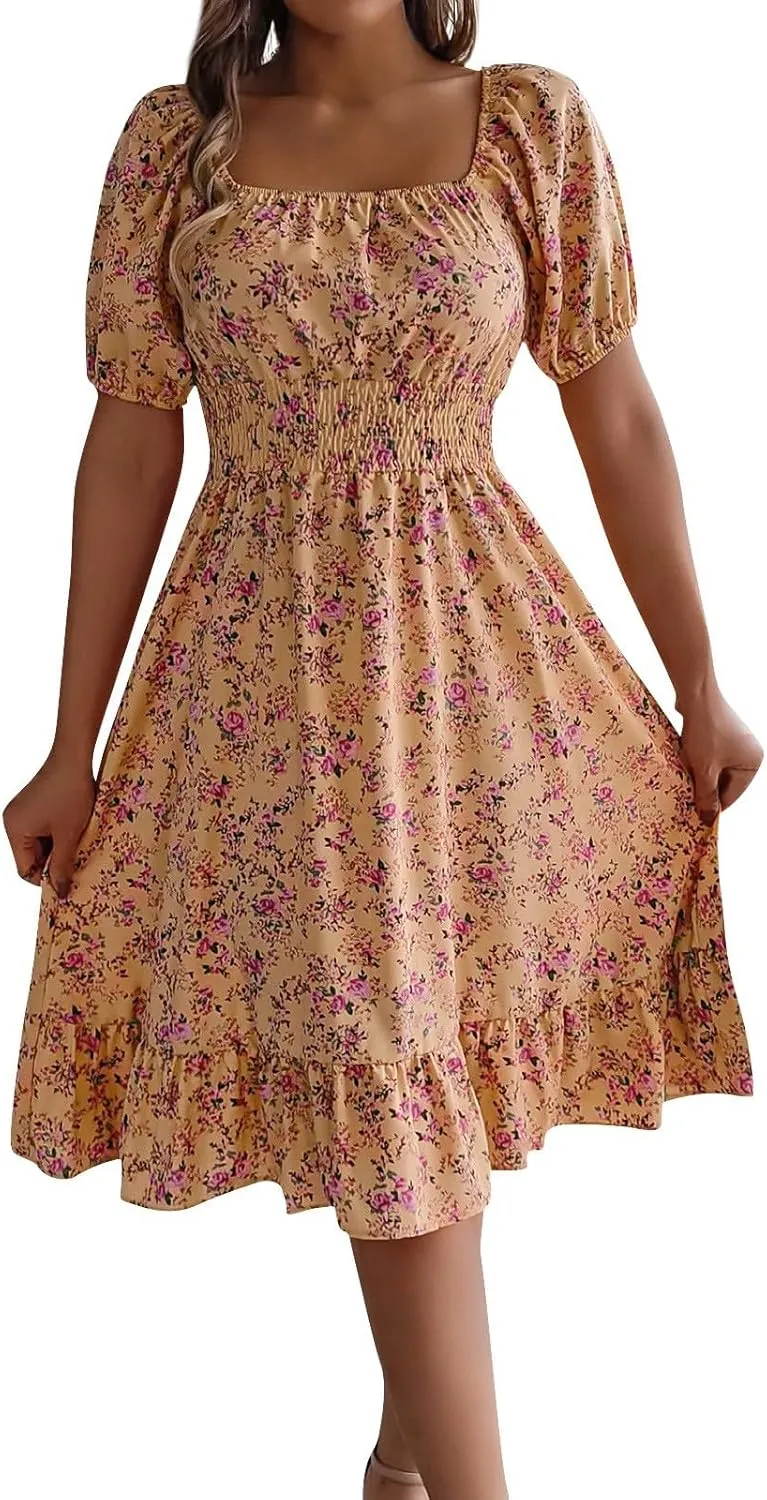 Women's Summer Casual Loose Trendy Sun Dress Square Neck Short Sleeve Floral Print Boho Dresses, S-XL