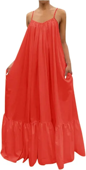 Women's Summer Floral Maxi Dress Sleeveless Smocked Ruffle Long Flowy Beach Vacation Boho Sundresses