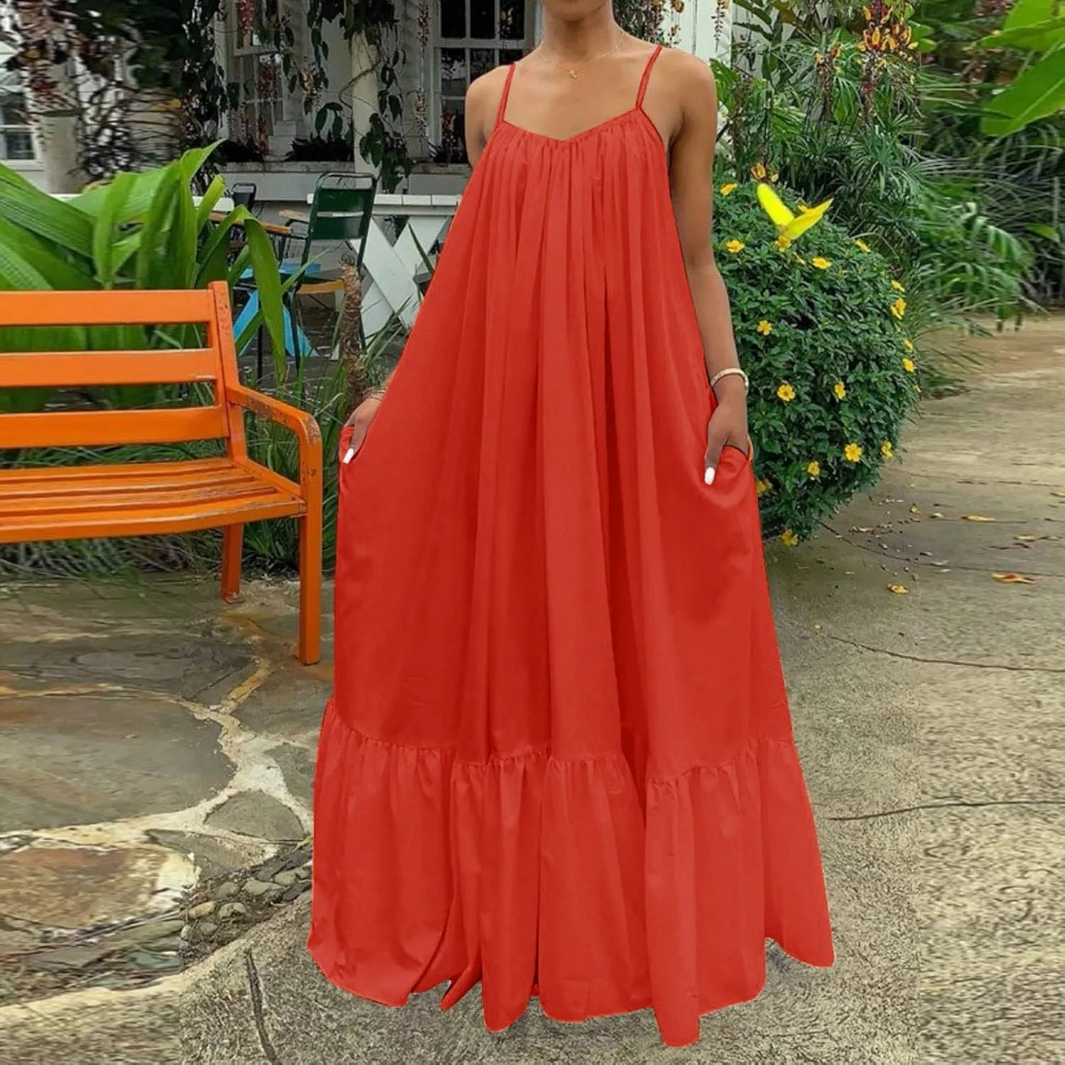 Women's Summer Floral Maxi Dress Sleeveless Smocked Ruffle Long Flowy Beach Vacation Boho Sundresses