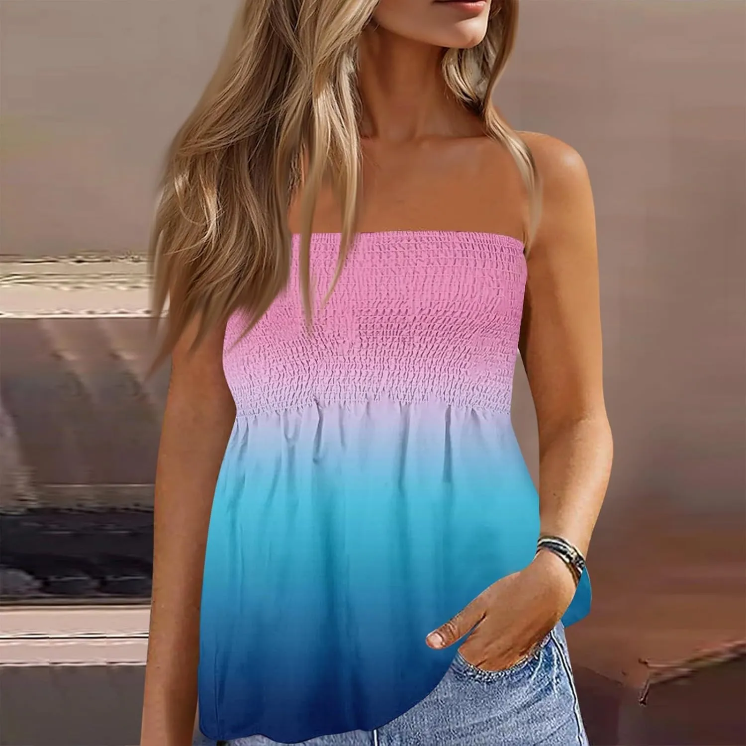 Womens Tube Tops Strapless Striped Tanks Backless Sexy Casual Bandeau Sleeveless Shirts Off Shoulder Floral Blouses