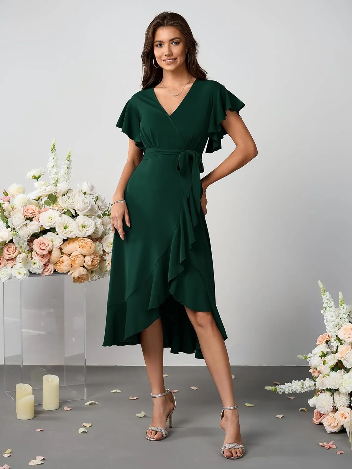 Womens Wedding Guest Midi Dress Flutter Sleeve V Neck Wrap High Low Bridesmaid Cocktail Formal Dresses for Women