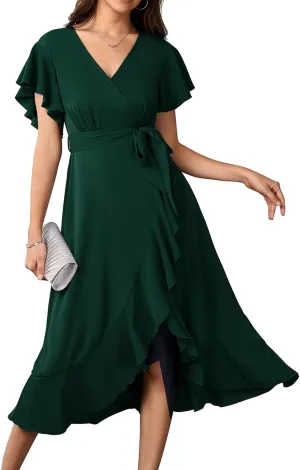 Womens Wedding Guest Midi Dress Flutter Sleeve V Neck Wrap High Low Bridesmaid Cocktail Formal Dresses for Women
