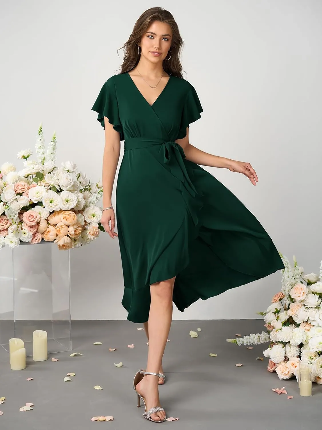 Womens Wedding Guest Midi Dress Flutter Sleeve V Neck Wrap High Low Bridesmaid Cocktail Formal Dresses for Women