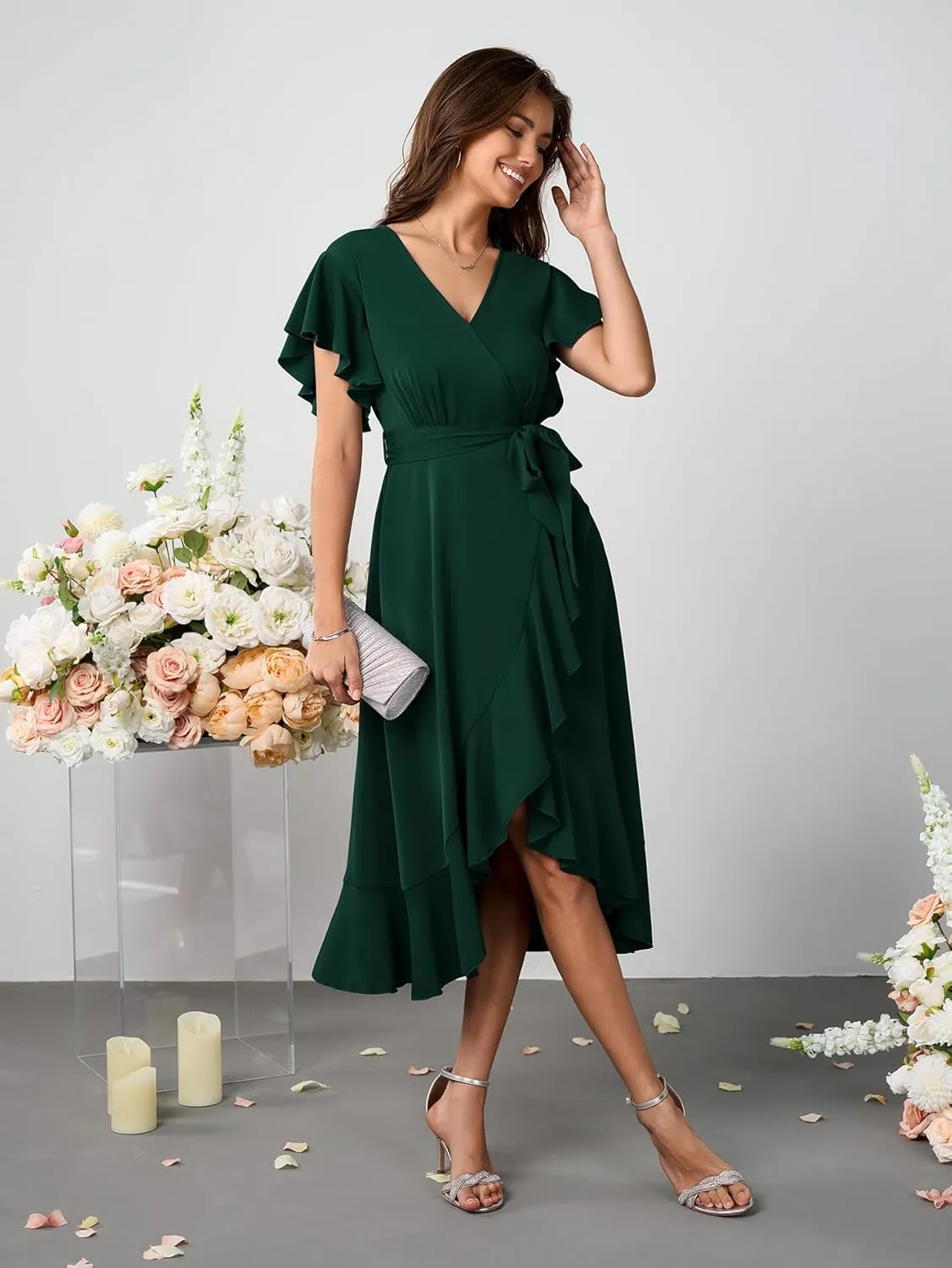 Womens Wedding Guest Midi Dress Flutter Sleeve V Neck Wrap High Low Bridesmaid Cocktail Formal Dresses for Women