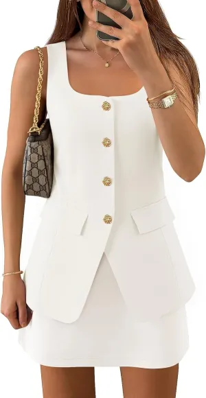 ZESICA Women's 2025 Summer Casual Sleeveless Suit Vest Square Neck Button Down Work Business Blazer Vests Waistcoat