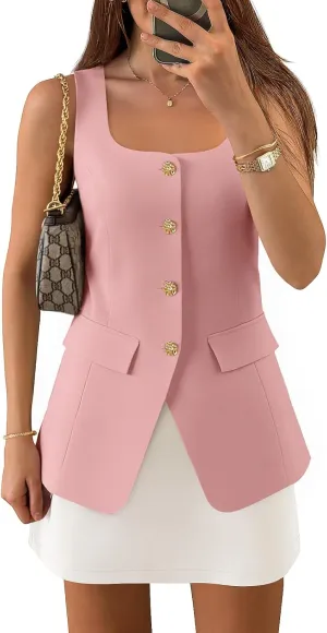 ZESICA Women's 2025 Summer Casual Sleeveless Suit Vest Square Neck Button Down Work Business Blazer Vests Waistcoat